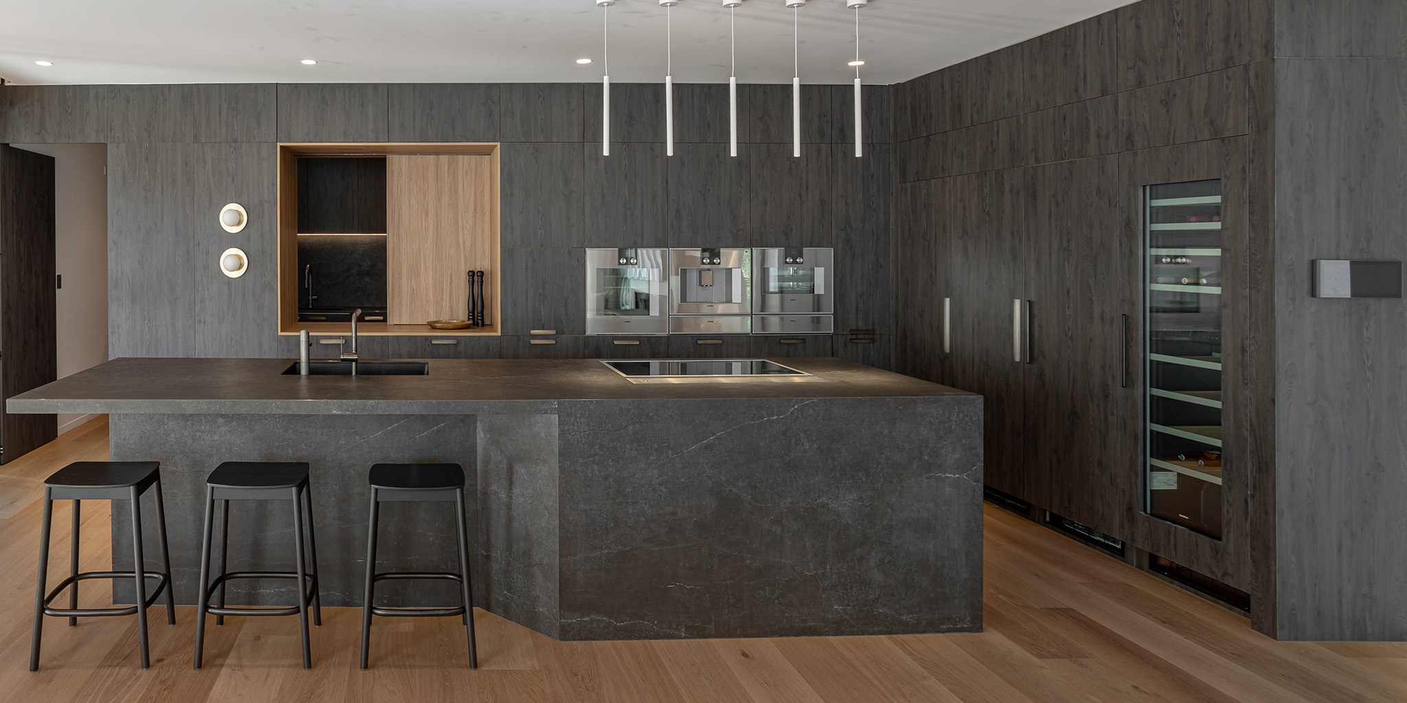 Prime Melamine Fumed Oak, Baroque, Timberland Dark Kitchen Cabinetry